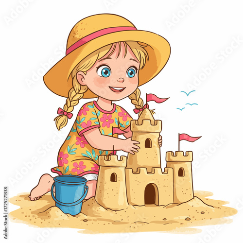 Cartoon girl building a sandcastle with bucket wearing a hat summer fun.