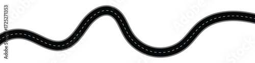 Winding curves road isolated vector. Horizontal asphalt road template. Top view of race track and highway. Wavy road with winding curves roads. Vector illustration isolated on white background.