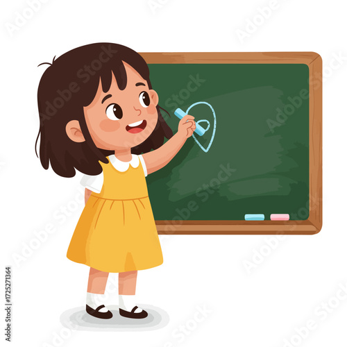 Cartoon Girl Drawing on Chalkboard with Chalk Wearing Yellow Dress and Black Shoes.