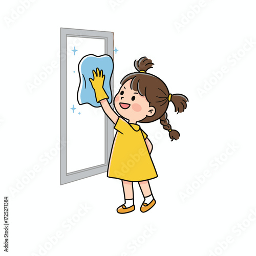 Cartoon girl cleaning window with blue cloth and yellow gloves smiling cheerfully.