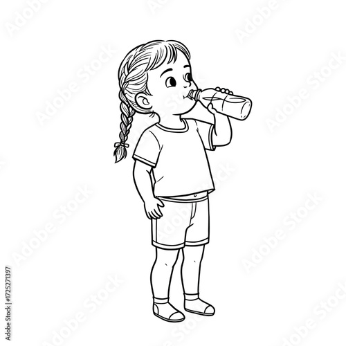 Cartoon girl drinking from a bottle wearing shorts and a tshirt.