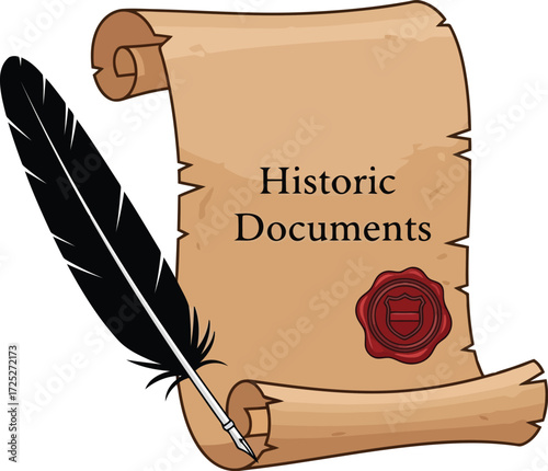 Antique scroll with feather pen and wax seal symbolizing historic documents and heritage vector