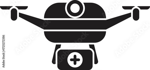Black silhouette of a drone carrying a first aid kit, representing fast medical delivery and healthcare innovation