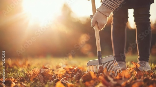 Autumnal Cleaning: A Person Rakes Fallen Leaves in the Golden Sunlight
