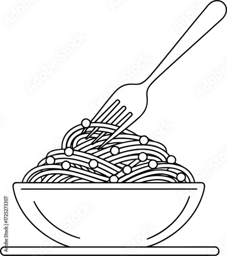 Simple line art illustration of a bowl of spaghetti pasta with fork ready to eat italian food vector