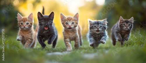 Five Adorable Kittens Running Towards the Camera in a Sunny Garden