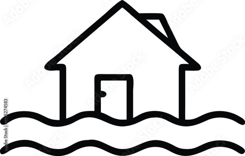Simple icon depicting a house submerged in wavy water during a flood event