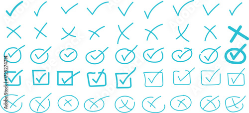 Collection of handdrawn check marks and crosses in various styles, including simple checkmarks, checks within circles, checks within squares, and crosses, all isolated on a white background