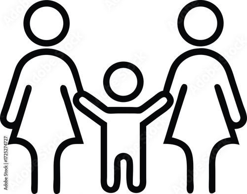 Simple icon of two women holding hands with a child between them family unit symbol