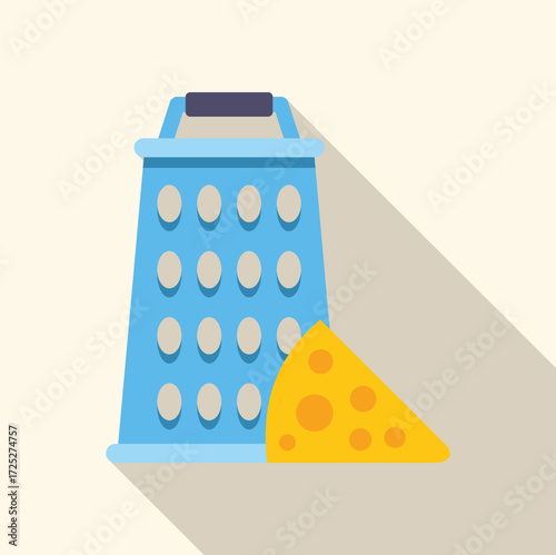 Blue cheese grater with handle and wedge of cheese, representing cooking and food preparation