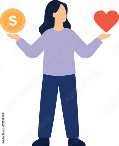 Woman balancing money and love symbol representing life choices and decisions