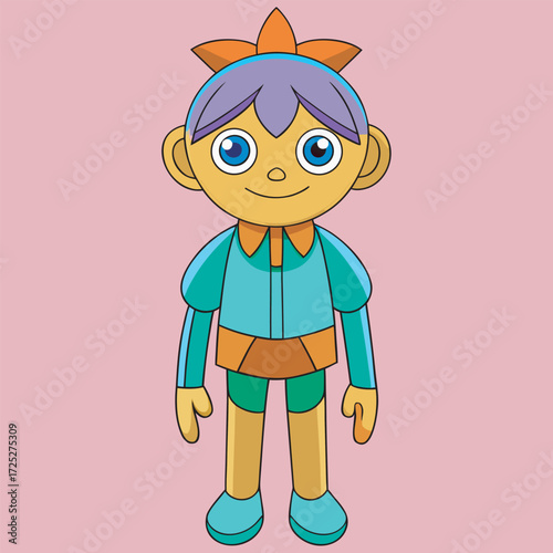 A cartoon character with yellow skin, purple hair, and a green outfit