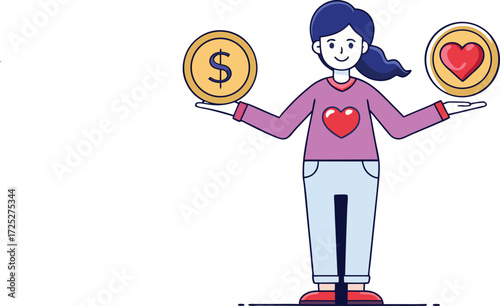 Woman balancing money and heart symbolizing financial vs. emotional choices