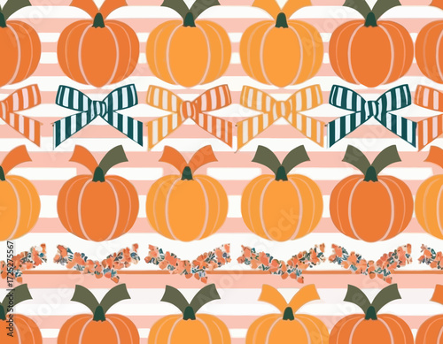 Fall pumpkin flowers cute coquette bows seamless pattern