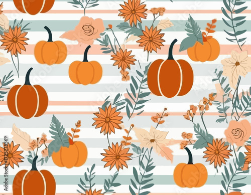 Fall pumpkin flowers cute coquette bows seamless pattern