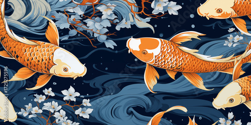 Vibrant orange koi fish swim gracefully through stylized blue waves adorned with delicate white blossoms, creating an elegant and serene aquatic scene.