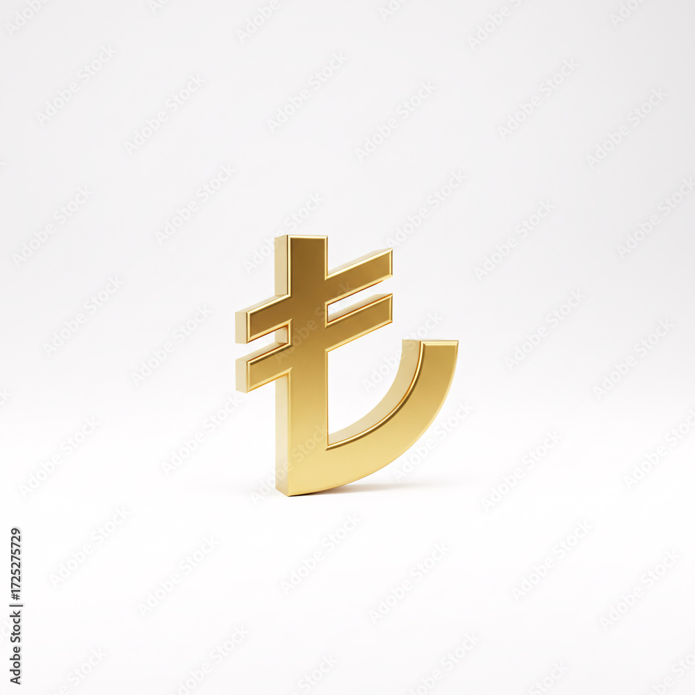 Fototapeta premium A golden 3D Turkish lira symbol standing on a white surface,