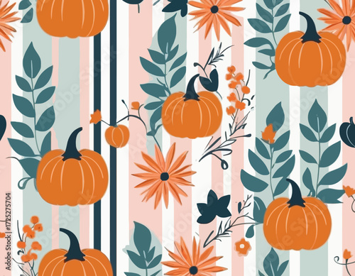 Fall pumpkin flowers cute coquette bows seamless pattern