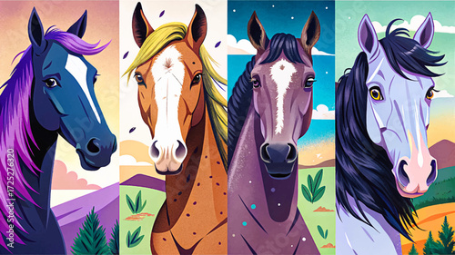 Horse breeds set vector Arabian, Thoroughbred, Mustang, Appaloosa, and Clydesdale, standing together peacefully, celebrating equestrian diversity and majestic animal presence