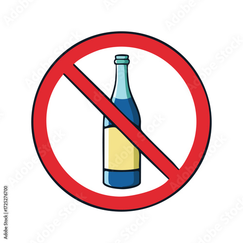 No alcohol glass bottle sign prohibits drinking alcoholic beverages in restricted public or private areas for safety and legal reasons.