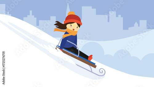 Girl sliding down the hill on skis. Vector illustration in flat style.