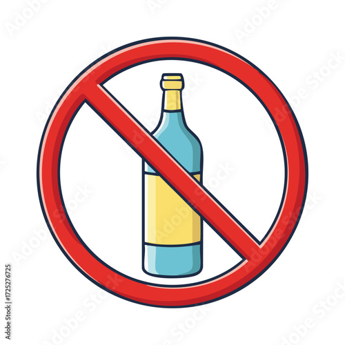 No alcohol bottle allowed warning, prohibiting alcoholic beverages in restricted areas with a bold red prohibition symbol over a glass bottle illustration.
