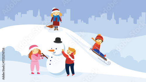 Children playing with snowman in winter park. Vector illustration in flat style