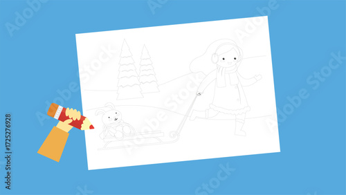 Illustration of a child carrying a dog on a sled