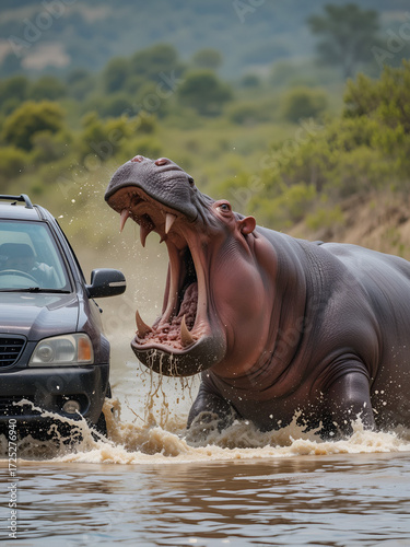 Aggressive hippo male attacking the car. Huge hippo male intimidating the opponent. Wild animal in the nature habitat. African wildlife. This is Africa. Hippopotamus amphibius.