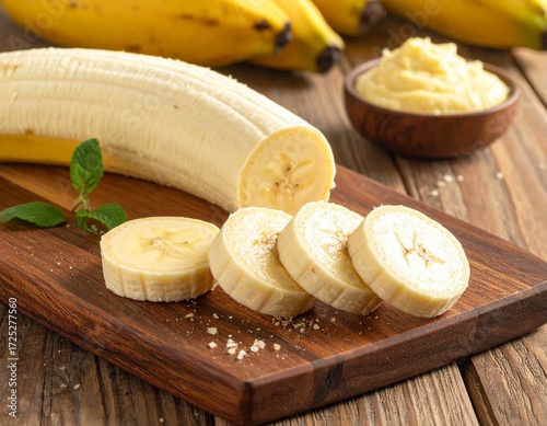 Banana picada em tábua de madeira nobre