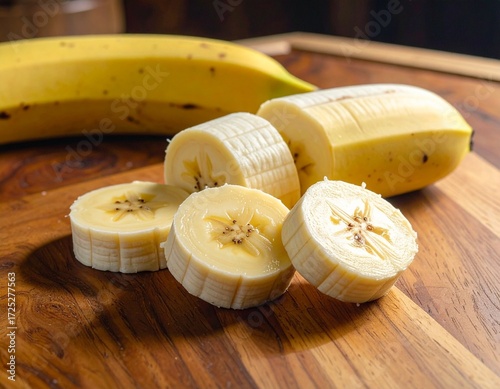 Banana picada em tábua de madeira nobre