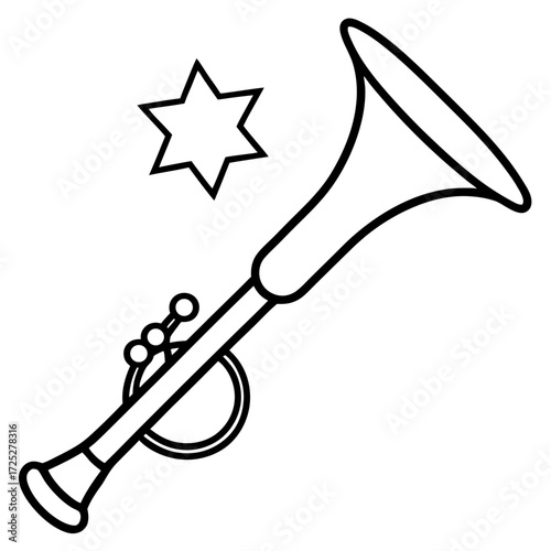 Black and white line art illustration of a trumpet with a star nearby suitable for coloring books or educational materials