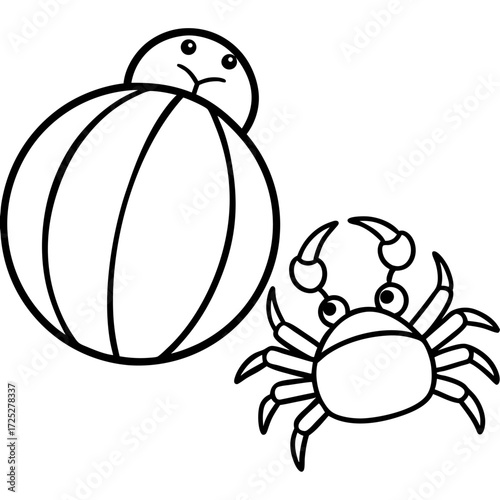 Cute cartoon crab and turtle hiding behind a ball outline illustration for children book
