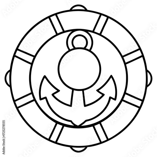 Nautical themed line art featuring a life preserver and anchor maritime safety theme illustration