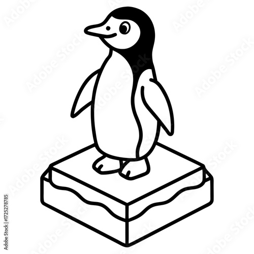 Adorable outlined penguin character standing on block of ice in minimalist line art style