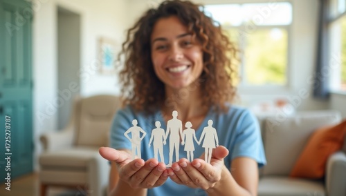 Voluntaria solidaria sosteniendo diversas siluetas familiares