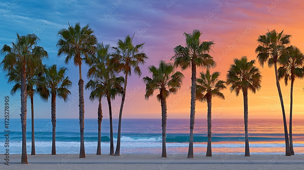 Obraz premium Surreal Sunset Beach Scene with Palm Silhouettes and Surfer at Dusk