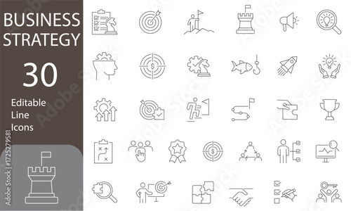 Business Strategy Editable Line Icons Set. including market analysis, strategy, leadership, innovation, planning. and more. Pictograms and infographics, business related icons. Vector illustration