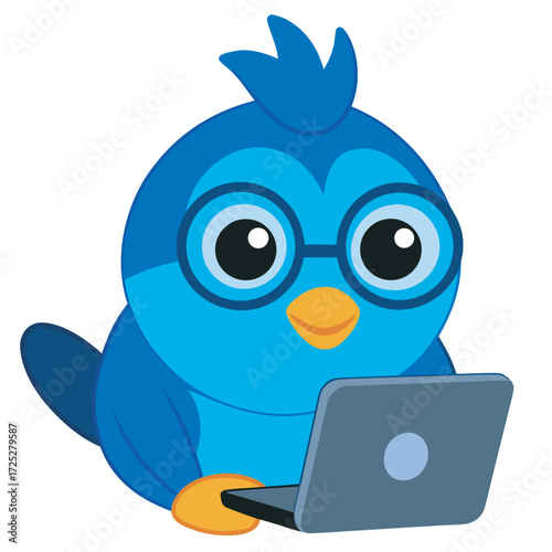 Blue bird cartoon character with glasses working on a laptop