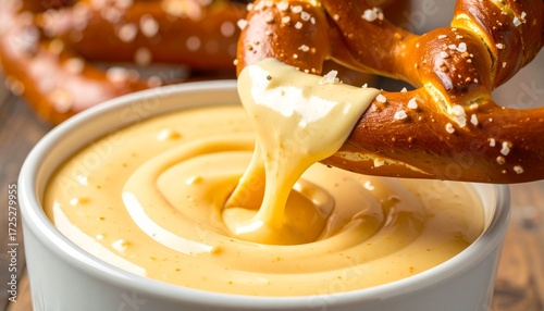 Pretzel being dipped into a bowl of cheese sauce.