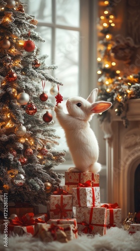 White rabbit standing on gift box decorating Christmas tree. Holiday pet with festive ornament. Winter celebration concept.