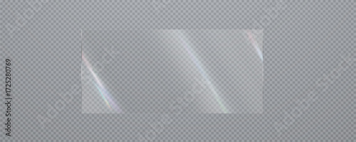 Glass effect, set of mirrors on transparent background, transparent glass showcase, mirror, window. Realistic glossy plate with glare, vector png.	
