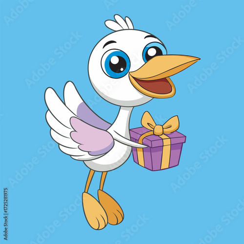 Cute cartoon stork delivering a purple gift box with a yellow ribbon bow