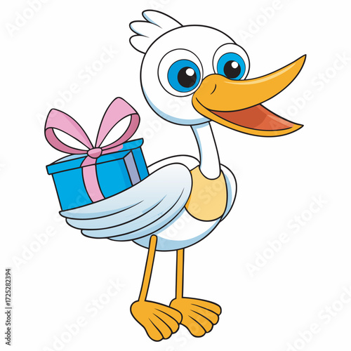 Cartoon stork delivering a blue gift box with a pink ribbon bow