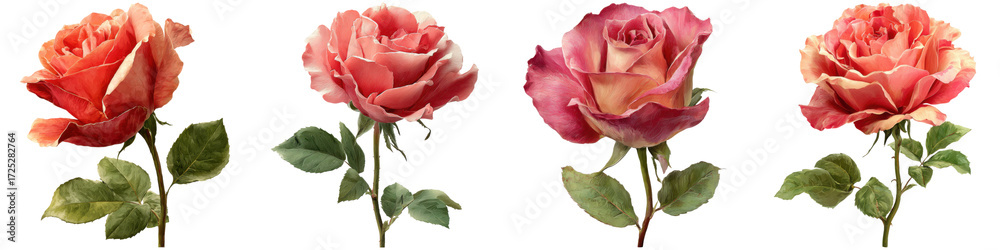 Obraz premium Four stunning isolated pink roses, a floral arrangement on a seamless transparent background