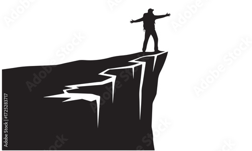 Silhouette of Adventurer Standing on Mountain Cliff Edge with Outstretched Arms