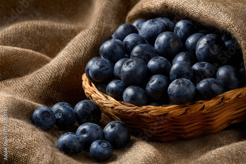 Fresh blueberries in a woven basket on natural fabric backdrop