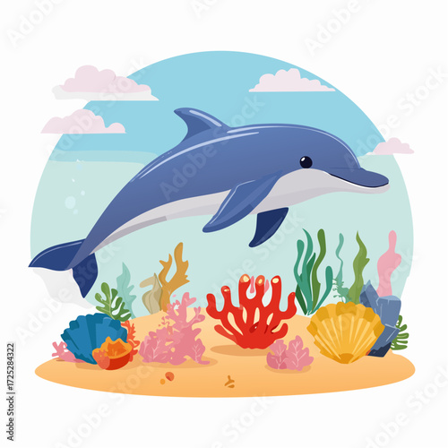 Cute cartoon dolphin swimming gracefully underwater amidst colorful coral reefs and seashells on the sandy ocean floor.
