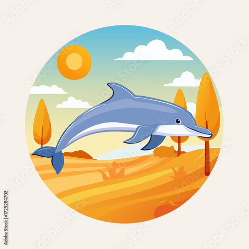 A blue cartoon dolphin jumping over an orange and yellow stylized landscape with trees and a sunny sky, within a circular frame.
