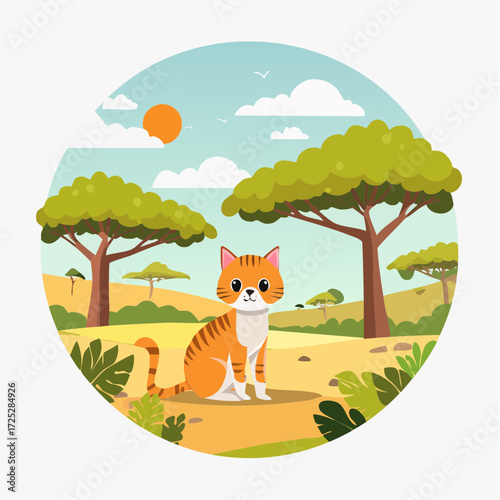 A cute cartoon orange tabby cat sitting in a sunny savanna landscape with acacia trees and bushes, in a circular frame.